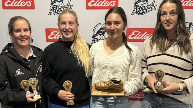 Indiana Quaremba (middle, right) with her golden boot award for 2024. Picture: Goolwa/Pt Elliot Football Club