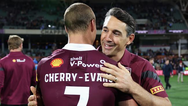 ADELAIDE, AUSTRALIA - MAY 31: Daly Cherry-Evans of the Maroons and Maroons coach Billy Slater celebrate winning game one of the 2023 State of Origin series between the Queensland Maroons and New South Wales Blues at Adelaide Oval on May 31, 2023 in Adelaide, Australia. (Photo by Cameron Spencer/Getty Images)