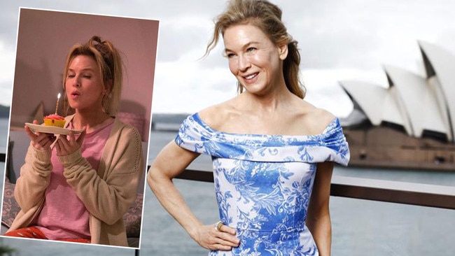 Renee Zellweger at Sydney’s Park Hyatt, right, and, left, in her new film Bridget Jones: Mad About The Boy. Pictures: News Corp/Supplied