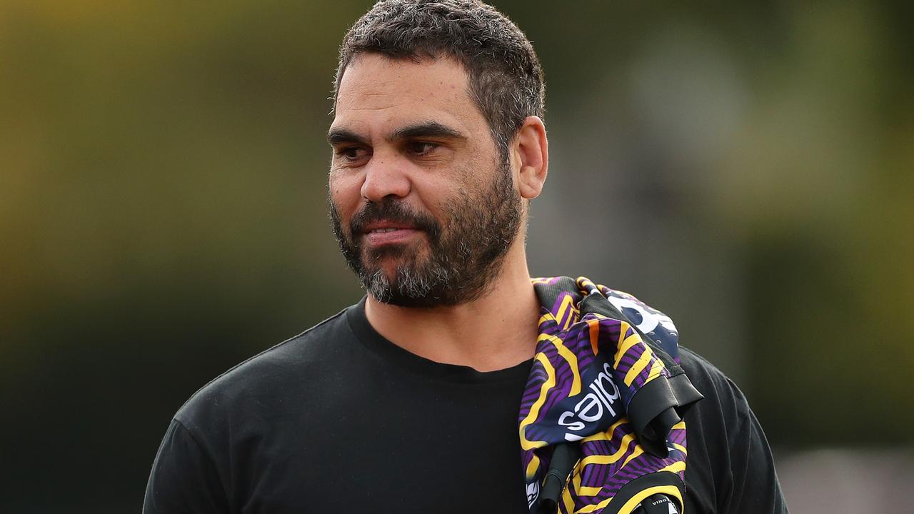 MELBOURNE, AUSTRALIA - MAY 25: Greg Inglis looks on during a Melbourne Storm media opportunity at Gosch's Paddock on May 25, 2022 in Melbourne, Australia. (Photo by Kelly Defina/Getty Images)