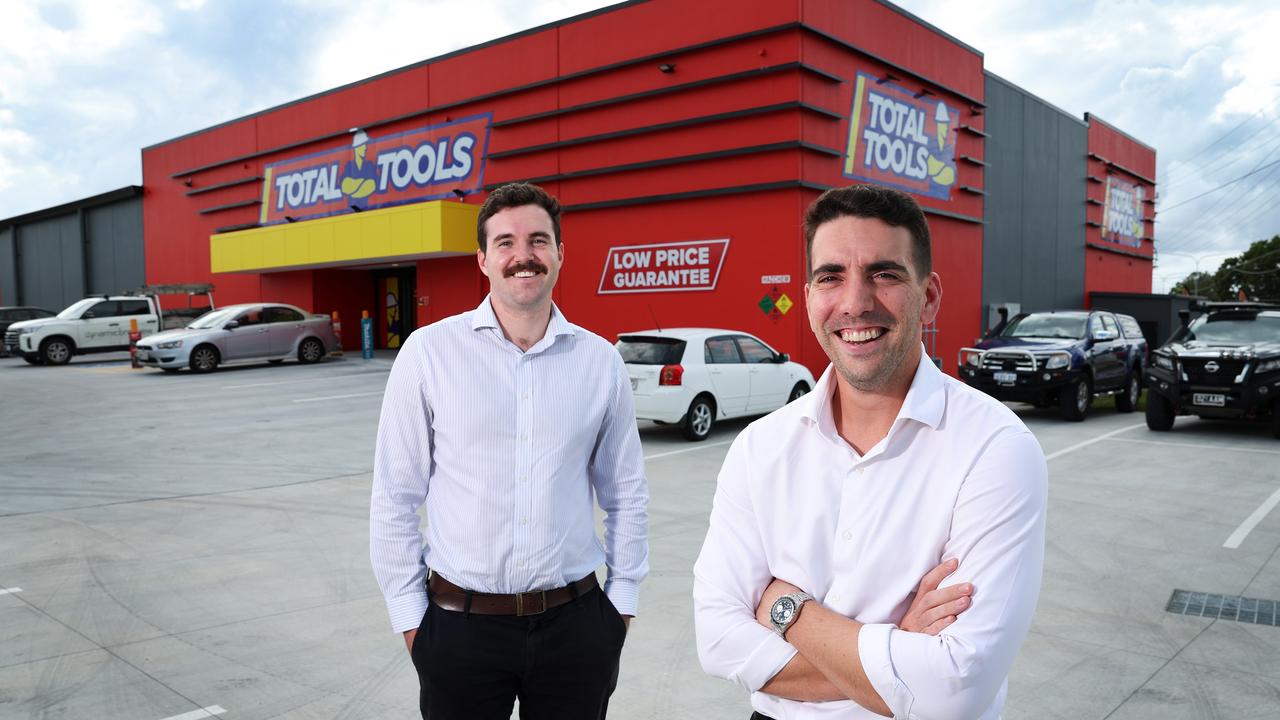 Dugan Property’s Alastair Wilson and Isaac Sarra at the Total Tools warehouse in Woodridge they sold for $10.54m.