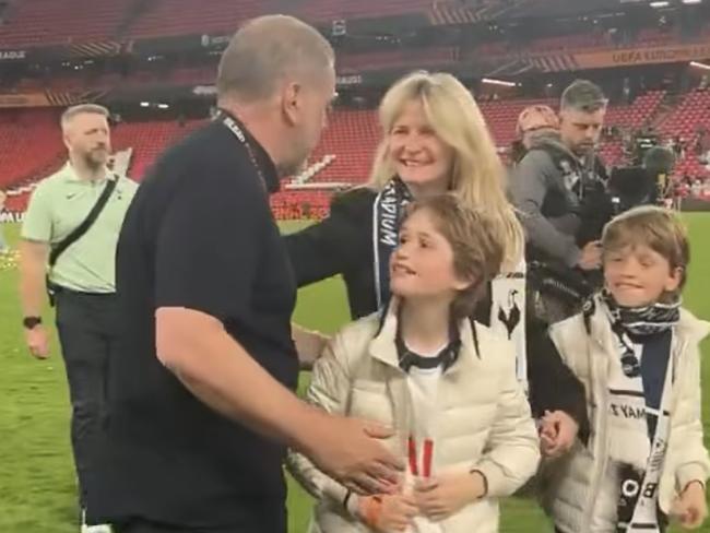 Postecoglou with his wife and children after winning the Europa League. Picture: Facebook