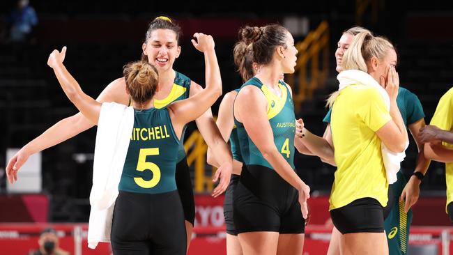 Opals stars Marianna Tolo and Leilani Mitchell embrace after their victory over Puerto Rico. Picture: Getty Images