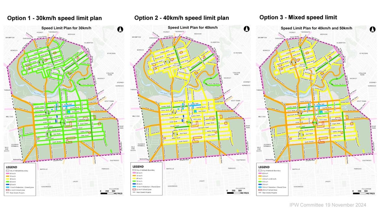 Three options have been proposed; a blanket 30km/h limit for all city streets (seen in green), 40km/h for all the roads (in yellow) or a mixture of both. Orange roads are 50km/h – the current default speed limit for most of the CBD. Picture: Adelaide City Council.