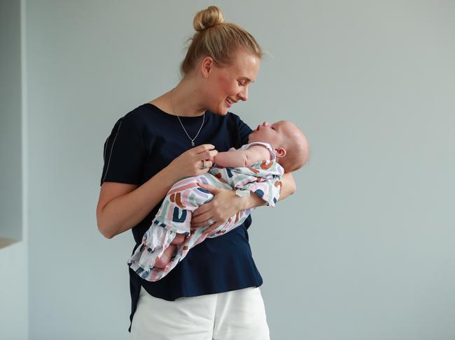 (Story-Stillbirth shoot)Jacqui Bruyn, from Gladesville, with her baby boy, Wyatt, aged 10 weeks. Jacqui lost her first baby, Beau, who was still born in April 2017.Picture: Justin Lloyd.