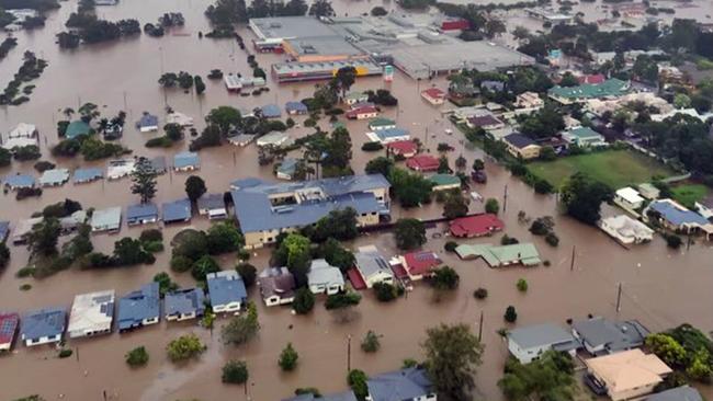 A 2022 aerial image of Lismore in northern NSW shows extensive flooding as the region experienced the worst floods in a century. Picture: NCA NewsWire