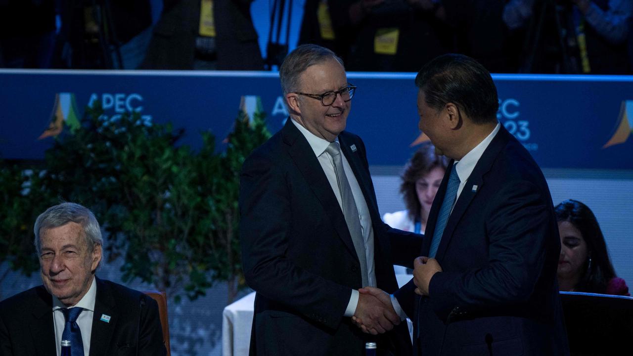 Anthony Albanese greets Xi Jinping during at APEC. Picture: Kent Nishimura/Getty Images via AFP