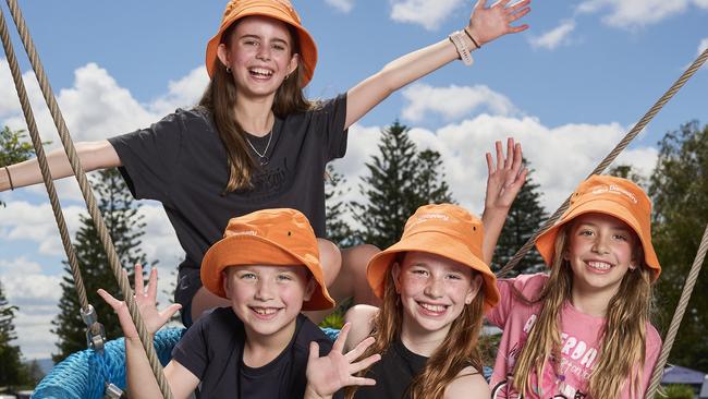 Isabella Banyer, 11, Emily Hawkes, 9, Chloe Hawkes, 7 and  Ashton Banyer, 6, at Discovery Parks in West Beach, Sunday, Dec. 1, 2024. Picture: Matt Loxton [Parents: Natalie Hawkes 0452121638, Paul Banyer 0434182683]