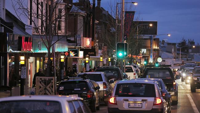 North Hobart's restaurant strip is apparently choked with Uber Eats drivers ramping — occupying parking spaces until they get an order to collect. Picture: MATHEW FARRELL