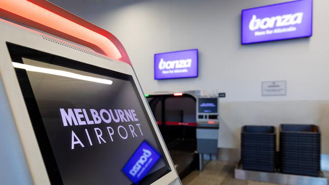 Bonza Airlines has cancelled all flights in an appeared collapse. Bonza branding has returned in the departures terminal. Picture: Mark Stewart