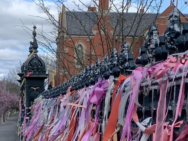 Ribbons tied to the wrought-iron fence and gates outside St Patrick's Catholic Cathedral in Ballarat. Picture: Craig Hughes