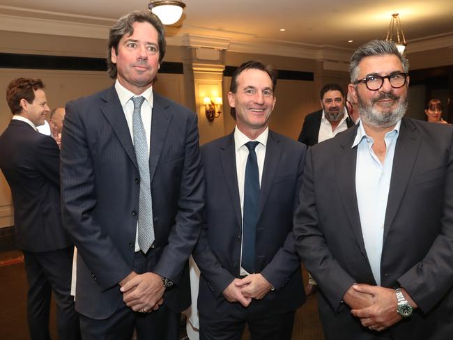 Gillon McLachlan, Andrew Dillon and Andrew Demetriou at Neil Mitchell’s farewell. Picture: David Crosling