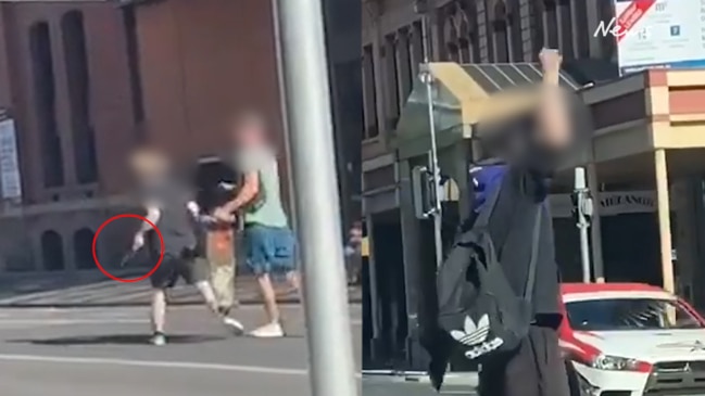 Teenagers holding knives arguing in Adelaide CBD street