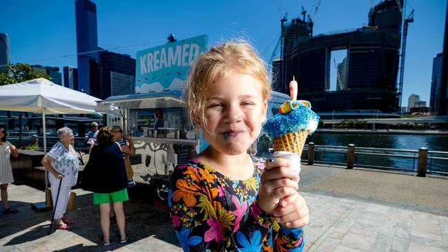 Seven-year-old Ashlee Burgess from Sandgate at South Bank. Picture: Richard Walker