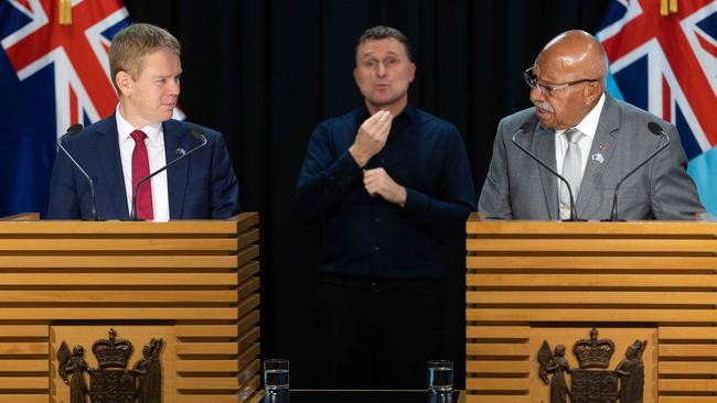 New Zealand‘s Prime Minister Chris Hipkins and Fiji's Prime Minister Sitiveni Rabuka hold a joint press conference at Parliament in Wellington on June 7, 2023. Picture: AFP