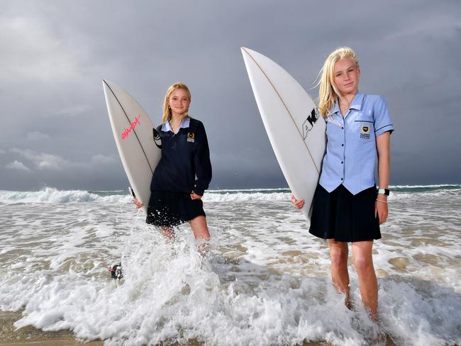 Amelia Craike and Maddison Kenchington Inaugural Australian Interschool Surfing Competition. Friday May 17, 2024. Picture, John Gass