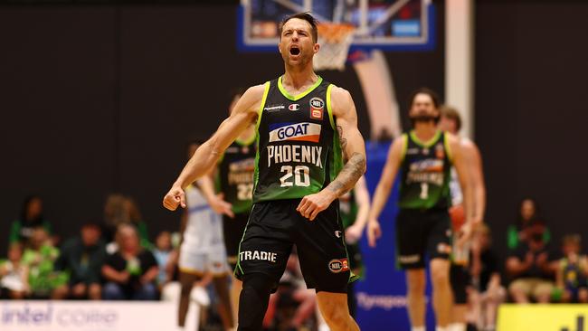 GIPPSLAND, AUSTRALIA - JANUARY 11: Nathan Sobey of the Phoenix celebrates during the round 16 NBL match between South East Melbourne Phoenix and Brisbane Bullets at Gippsland Regional Indoor Sports Stadium, on January 11, 2025, in Gippsland, Australia. (Photo by Mike Owen/Getty Images)