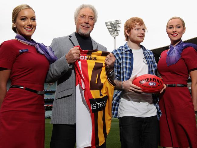 Sir Tom Jones and Ed Sheeran pose for photos ahead of Saturday’s AFL Grand Final in Melbourne. Photo by Robert Prezioso/Getty Images