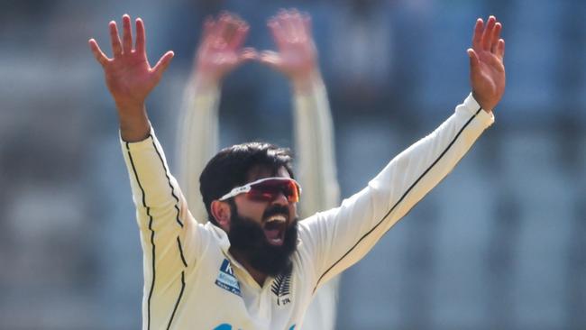 New Zealand's Ajaz Patel appeals on his way to a 10-wicket haul.