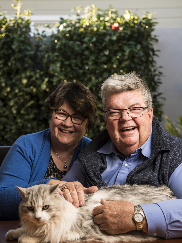 Derek Tuffield at home with his wife Rosemerry, as the Lifeline Darling Downs CEO announces his retirement, Tuesday, August 17, 2021. Picture: Kevin Farmer