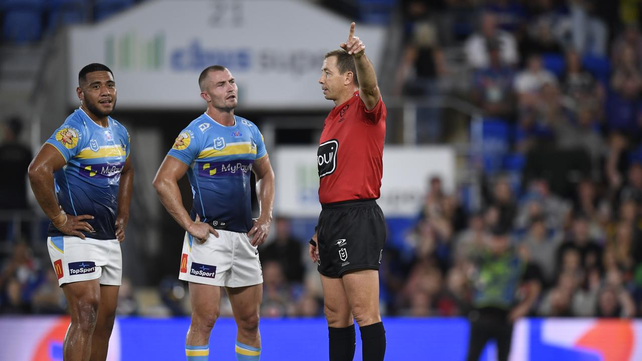 Titans star Moeaki Fotuaika was sent-off for a high shot on Warriors fullback Charnze Nicoll-Klokstad. Picture: NRL Imagery.