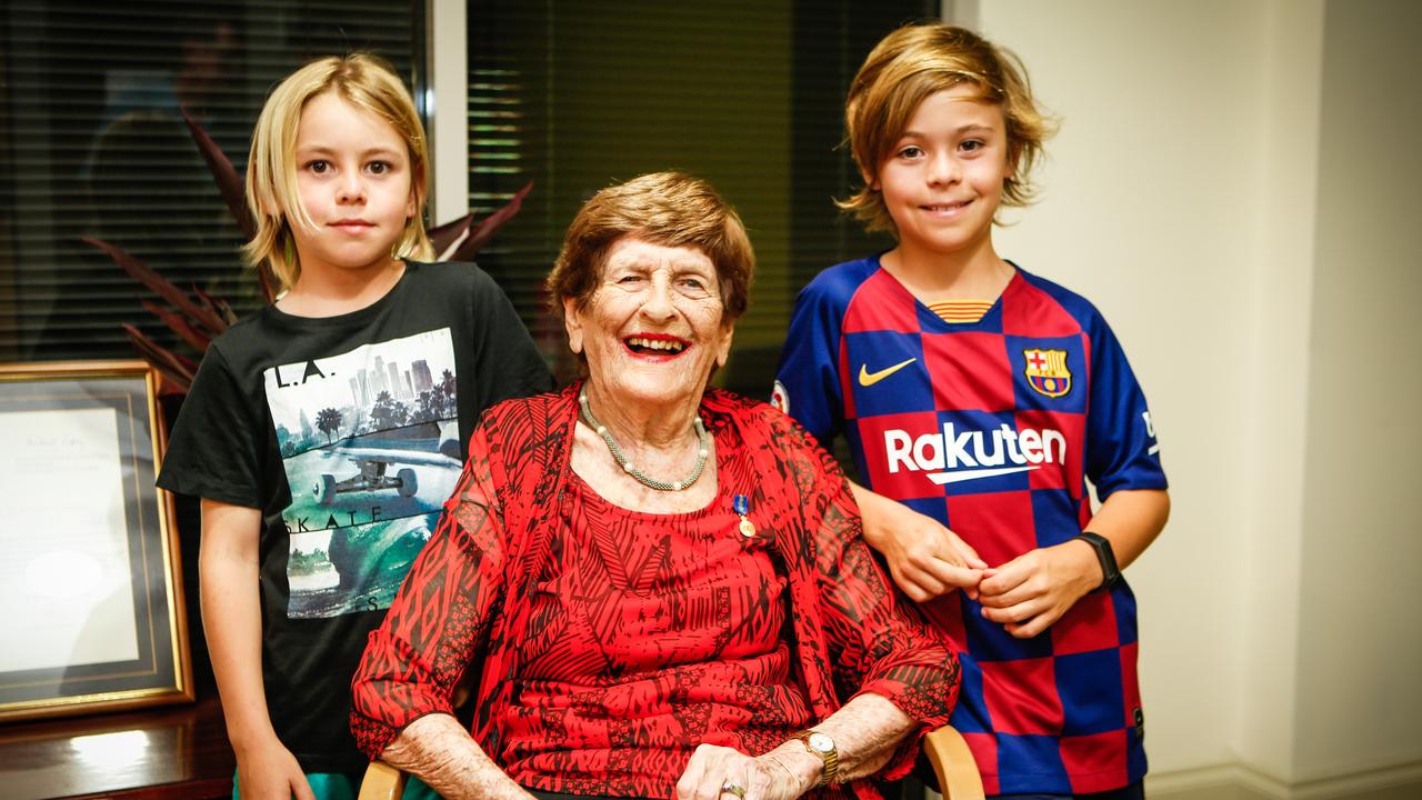 "Gran Gran" Audrey Kennon OAM celebrates her 100th birthday with her great grandsons Aksel, 8, and Miki, 10, Gronholt. Picture GLENN CAMPBELL