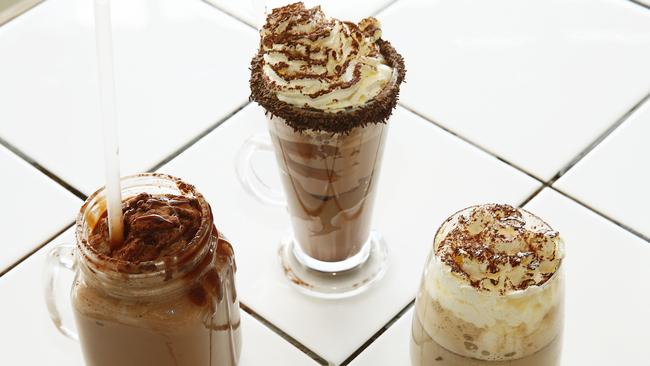 Nutella hot chocolate, Nutella frappe and Nutella latte from the Nutella Easter menu at Salt Meats Cheese in Drummoyne. Picture: John Appleyard