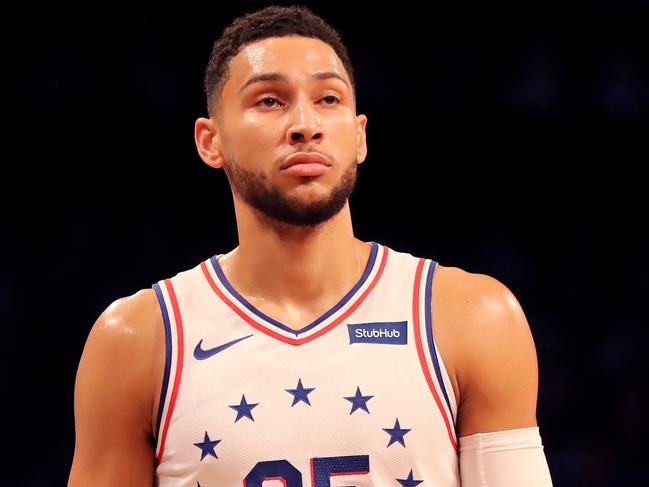 NEW YORK, NEW YORK - APRIL 18: Ben Simmons #25 of the Philadelphia 76ers looks on in the first quarter against the Brooklyn Nets during game three of Round One of the 2019 NBA Playoffs at Barclays Center on April 18, 2019 in the Brooklyn borough of New York City. NOTE TO USER: User expressly acknowledges and agrees that, by downloading and or using this photograph, User is consenting to the terms and conditions of the Getty Images License Agreement.   Elsa/Getty Images/AFP == FOR NEWSPAPERS, INTERNET, TELCOS & TELEVISION USE ONLY ==