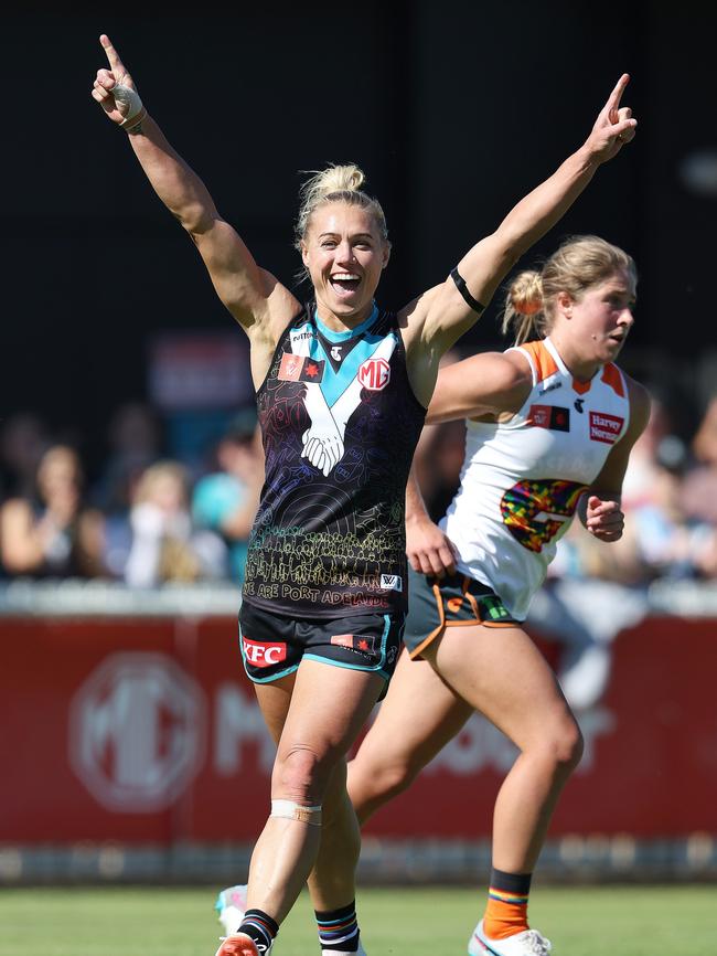 Erin Phillips celebrates a goal in a rare win for Port Adelaide last year. (Photo by Sarah Reed/AFL Photos via Getty Images)