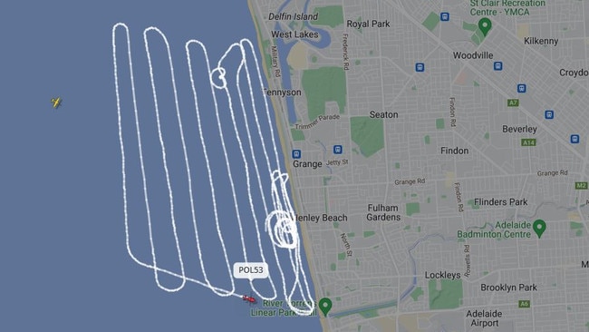 The path of the SA police chopper searching over the waters off Henley Beach for a missing person. Picture: FlightRadar24