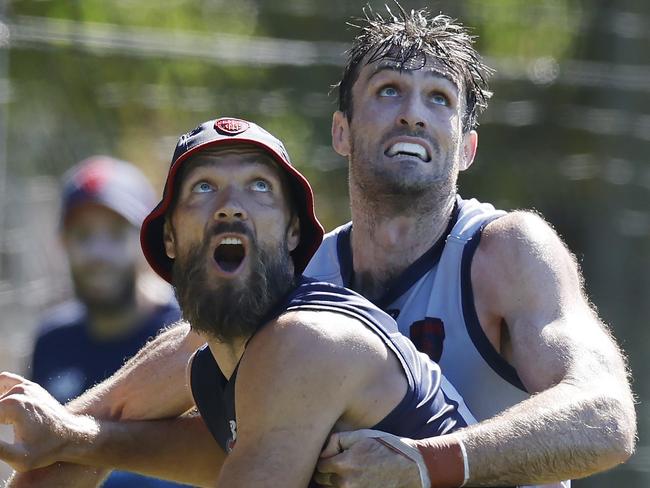 NCA. MELBOURNE, AUSTRALIA. 12th February, 2025 . Melbourne training at Goschs Paddock.  Max Gawn and Tom Campbell  during training today     .  Picture: Michael Klein