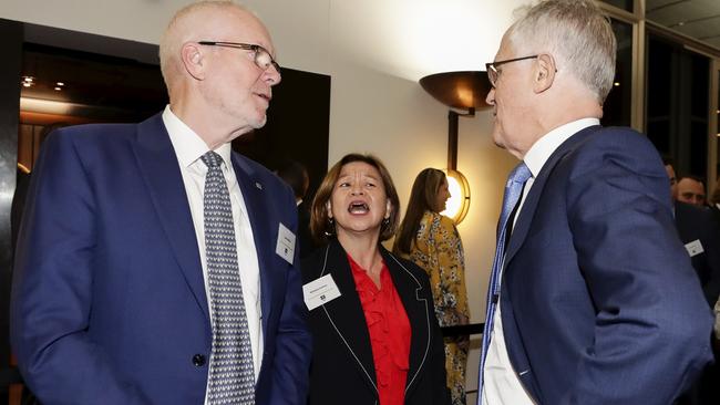 ABC chair Justin Milne, former ABC Managing Director Michelle Guthrie and  Malcolm Turnbull during the ABC showcase event at Parliament House in Canberra in August. Picture:  Alex Ellinghausen.