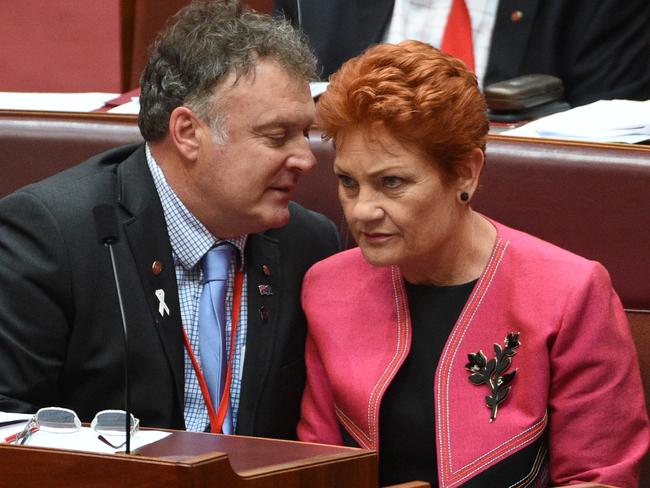 One Nation Senators Rodney Culleton (left) and Pauline Hanson during the Backpacker Tax Bill vote in the Senate chamber. Picture: AAP Image/Mick Tsikas