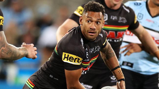 SYDNEY, AUSTRALIA - JUNE 11:  Apisai Koroisau of the Panthers passes during the round 14 NRL match between the Cronulla Sharks and the Penrith Panthers at Netstrata Jubilee Stadium, on June 11, 2021, in Sydney, Australia. (Photo by Mark Kolbe/Getty Images)