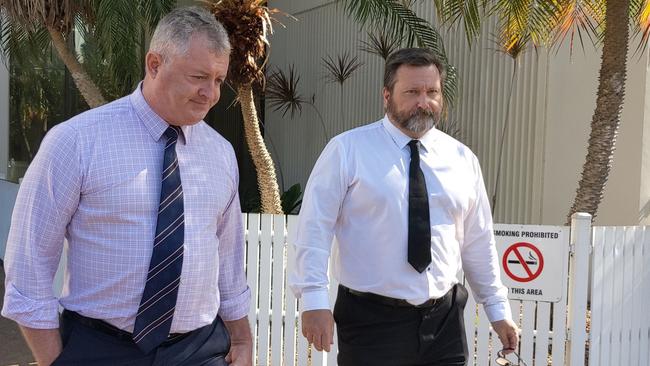 NT police officer Matthew Lea-Smith, right, with his lawyer Ray Murphy outside the Darwin Local Court in May.