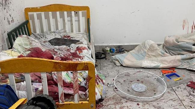 A confronting photograph of an Israeli child’s bed soaked in blood following the Hamas raid. Picture: X