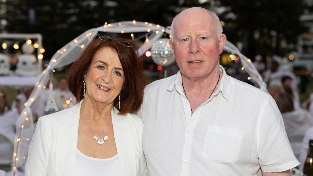 Liz Kelly and Pat McOlgan. The Pulse for DÃ&#131;Â®ner en Blanc Gold Coast at Broadbeach Park on April 22, 2023. Picture: Celeste Humphrey