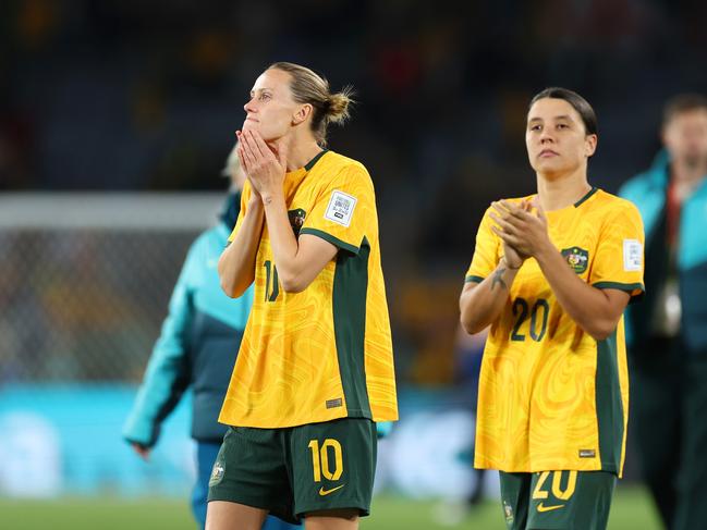 Emily van Egmond (left) and Sam Kerr thank fans of the Matildas. Picture: Catherine Ivill/Getty Images