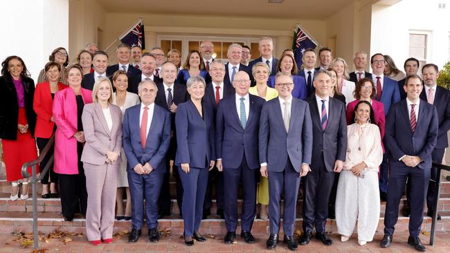 Prime Minister Anthony Albanese poses with his new ministry after a swearing-in ceremony at Government House on June 1. Picture: Jenny Evans/Getty Images