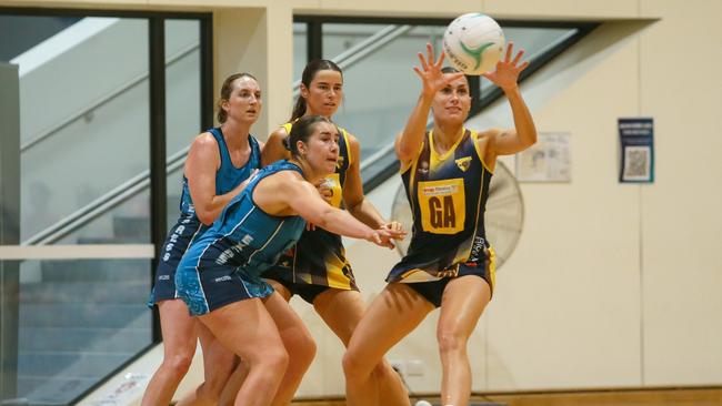 Boroondara Express defender Ruby Pekin-Schlicht (left) and Sarah Szczykulski (right) in action during the 2025 Victorian Netball League (VNL) season. Picture: Grant Treeby/Netball Victoria.