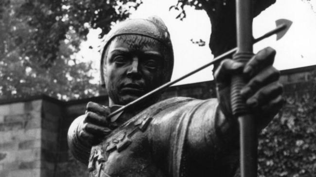 A statue of Robin Hood stands in Sherwood Forest, Nottingham, England.