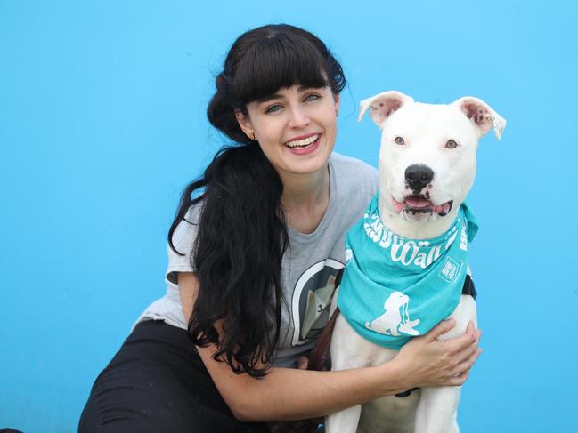 Emma Lagoon with Cloud the American staffy. Pic Annette Dew