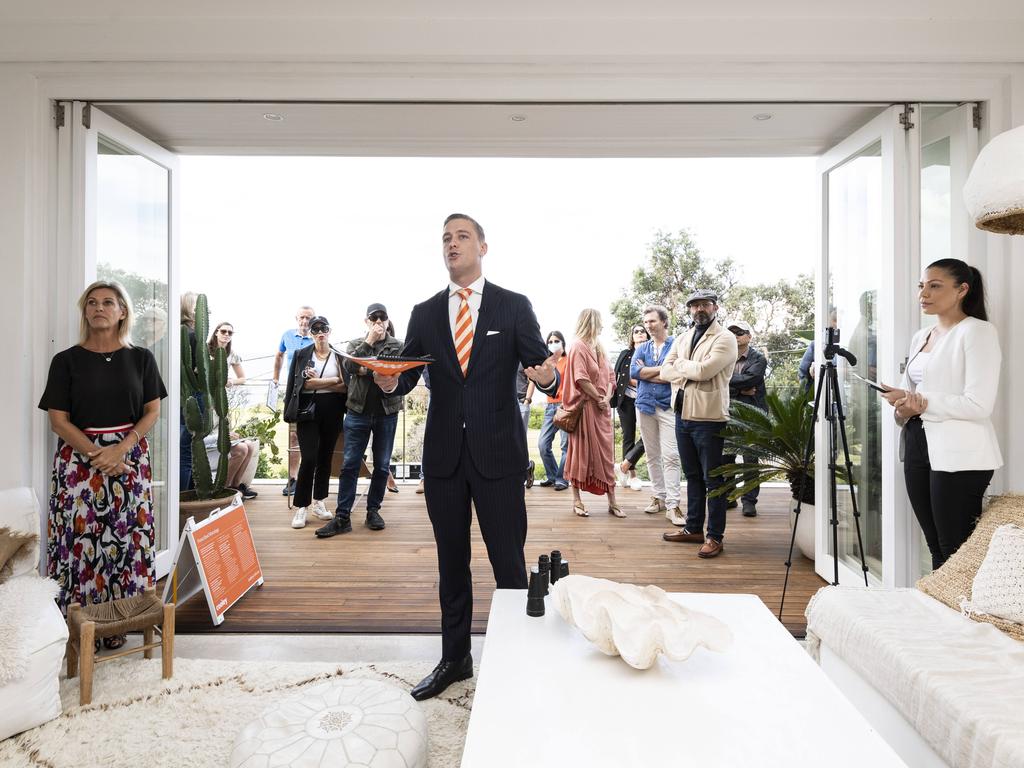 Auctioneer Jake Moore photographed calling the auction at 16 Wolseley Rd, Coogee. Picture: NewsWire / Monique Harmer