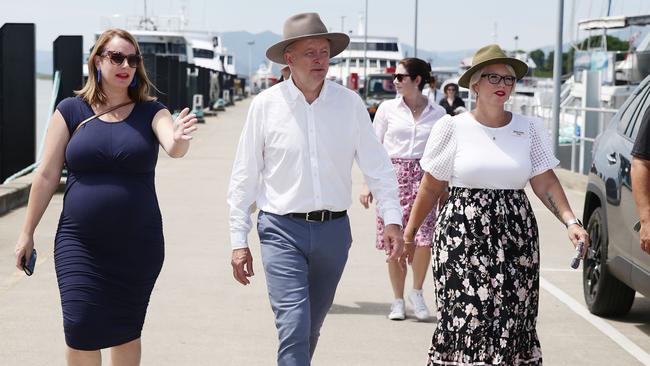 Labor Senator Nita Green, Federal Opposition Keader Anthony Albanese and Labor candidate for Leichhardt Elida Faith arrive at the Cairns Marlin Marina. Picture: Brendan Radke