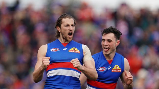 Marcus Bontempelli celebrates after kicking a goal in the final round of the year. Picture: AAP Image