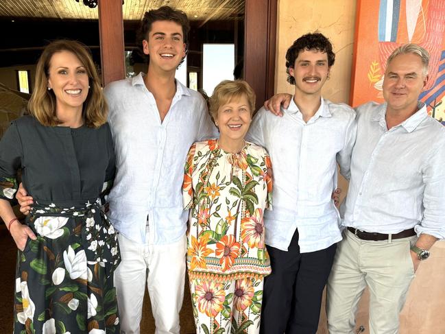 Natalie Barr with Hunter, mum Julie, Lachlan and Andrew at Julie’s 80th in WA last year. Picture: Supplied