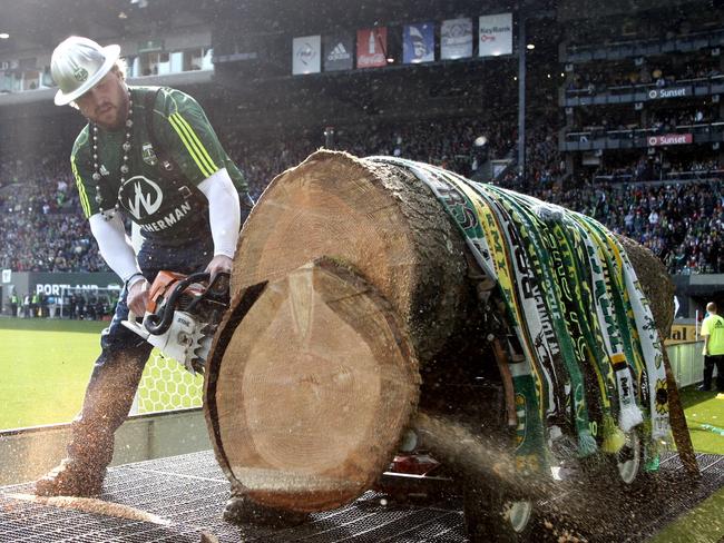 FILE - In this April 17, 2011, file photo, Portland Timber mascot Timber Joey saws through a log after the Portland Timbers scored their third goal during the second half of an MLS soccer match against FC Dallas in Portland, Ore. The fan fervor for the Portland Timbers hasn't changed, but what has is the Timbers' outlook as they shed the 