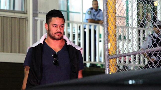 Jarryd Hayne leaves Ryde police station after being charged over an alleged sexual assault. Picture: Bill Hearne