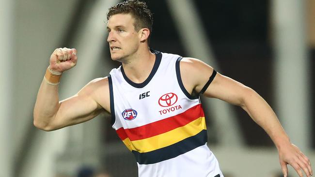 Josh Jenkins celebrates after kicking a goal during the Round 11 match against Melbourne in Darwin, Australia. Picture: Scott Barbour/Getty Images