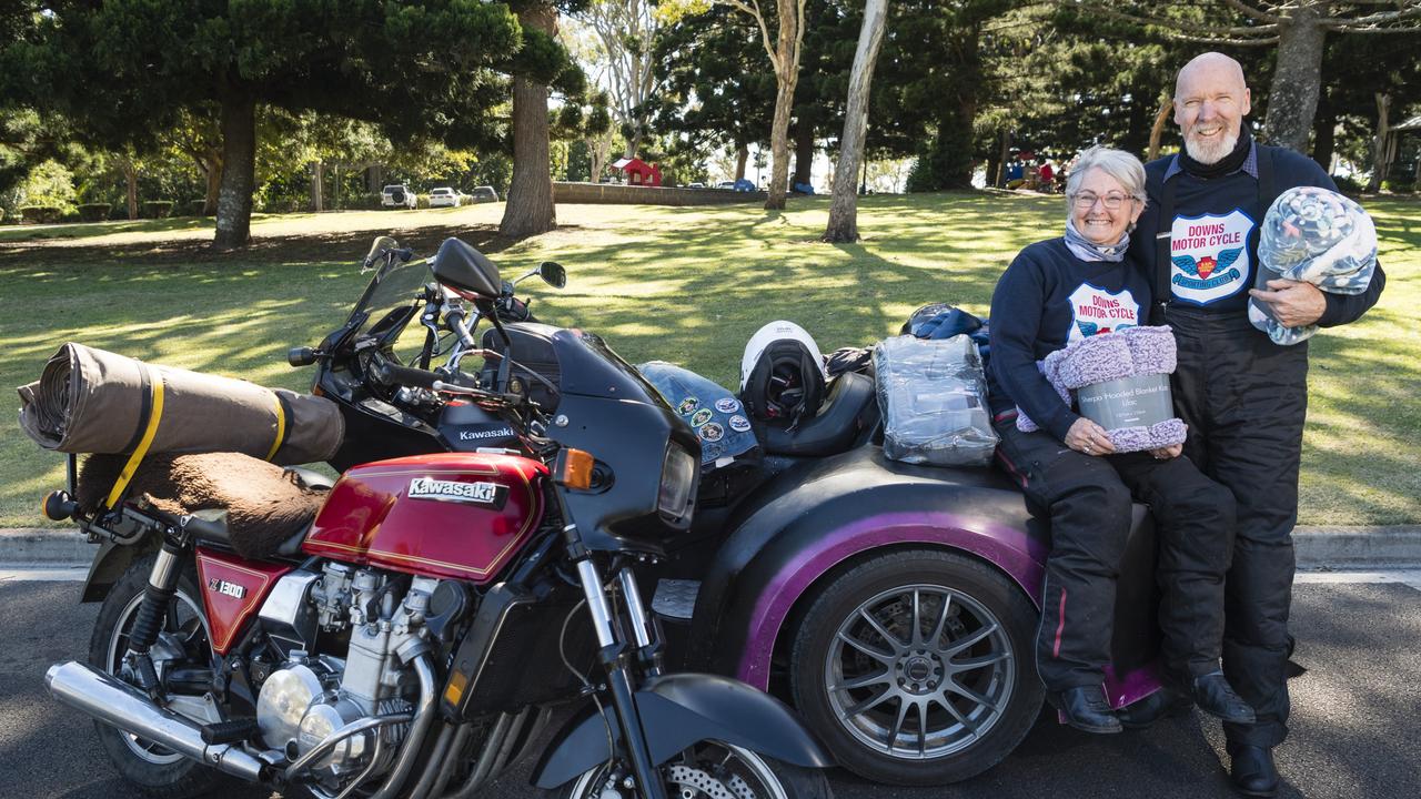 Con and Steve Harriman with their donation on the Huggie Bear Memorial Toowoomba Blanket Run organised by Downs Motorcycle Sporting Club. Picture: Kevin Farmer